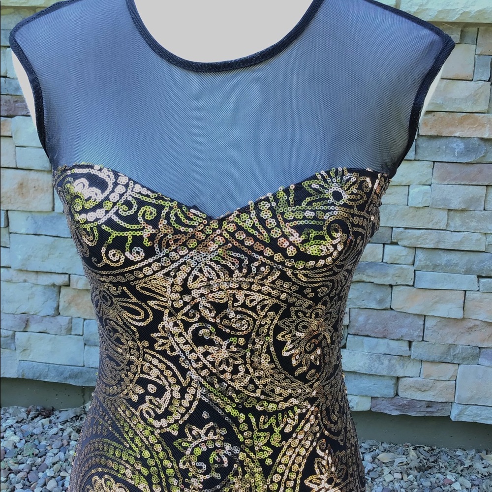 Stretchy sequined sheath dress,sheer upper bodice
